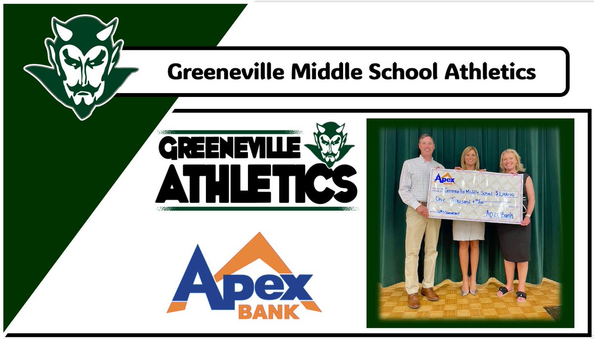 GMS Athletics A Special Thank You to APEX Bank for their continued support of Greeneville Middle School Athletics. Go Devils! #RISEasONE #WEoverME @gms_tn @racheladamstn @CoachMcCall65