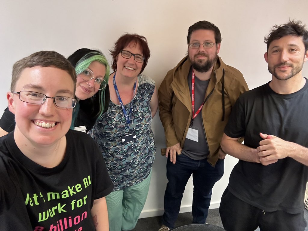 Great to spend the day with my @ConnectedByData chums. We talked community campaigns, games, conversations, fundraising, AI safety summits and snooze fests. (Author seen here repping a @CarefulTrouble tee, “Let’s make AI work for 8 billion people, not 8 billionaires”.