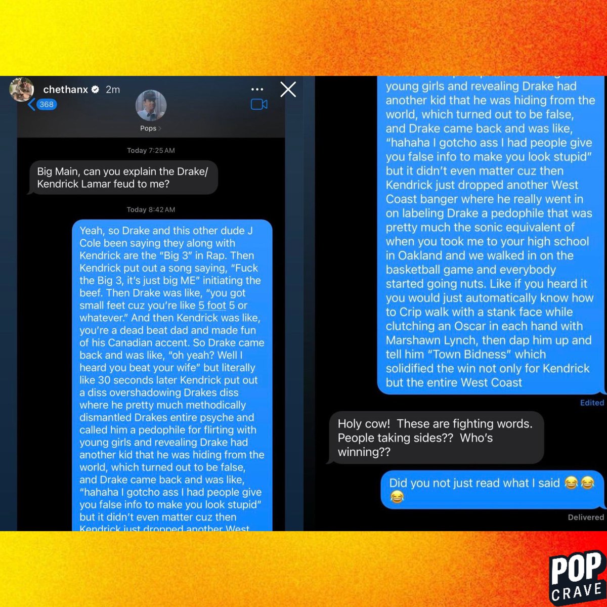 PopCrave's tweet photo. Tom Hanks asks his son Chet Hanks to explain the Drake/Kendrick Lamar beef:

“Holy cow! Those are fighting words. People taking sides?? Who’s winning??” https://t.co/79b5Y0RxT0