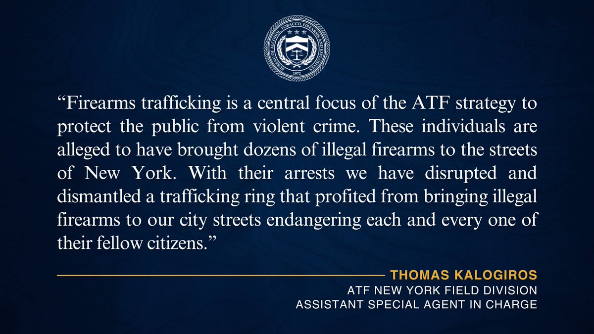 Thanks to the efforts of ATF NY/NYPD's Joint Firearms Task Force for their diligent efforts to dismantle a NYC gun-trafficking ring. Defendants sold dozens of semi-automatic & defaced guns midday in a parking lot. justice.gov/usao-edny/pr/f…