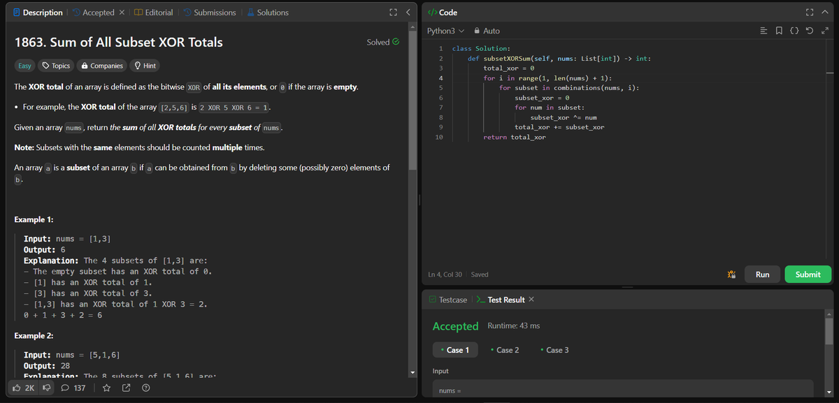 akhand_4795's tweet photo. 🌟Day 52 of my '60 Day DSA Challenge' complete!
Today's challenges tackled on LeetCode:💡🚀

1. Problem No. 1863 - Sum of All Subset XOR Totals
2. Problem No. 75 - Sort Colors

#60DayDSAChallenge #Python #LeetCode #DataStructures #Algorithms #ProblemSolving #Progress #Day52 https://t.co/Vyz0vzcjwL