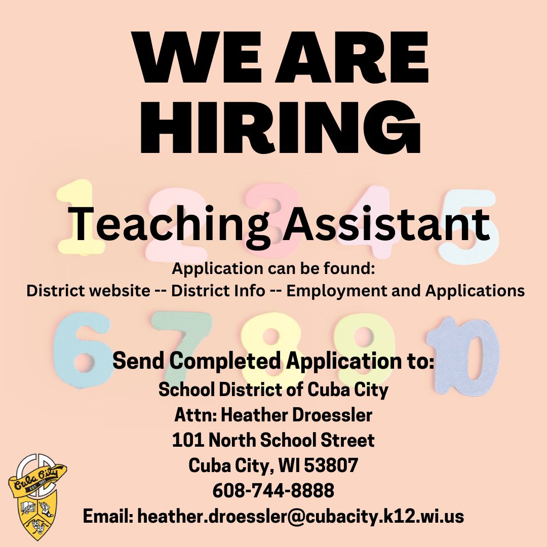 We are currently looking for a teaching assistant.  Those who are interested can submit their completed applications to Heather Droessler.  #GoCubans
