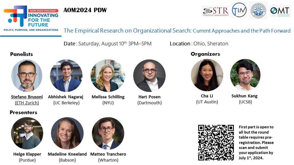 Join us at this year's <a href="/AOMConnect/">Academy of Management</a> PDW in Chicago for a PDW on Empirical Research on Organizational Search, featuring amazing scholars who will share their insights (Sponsored by <a href="/AOM_STR/">STR - Strategic Management Division</a> <a href="/AOM_TIM/">AOM TIM Division</a> <a href="/ENT_Div_AoM/">ENTDivision_AoM</a> <a href="/AOM_OMT/">OMT Division</a>) (1/n)