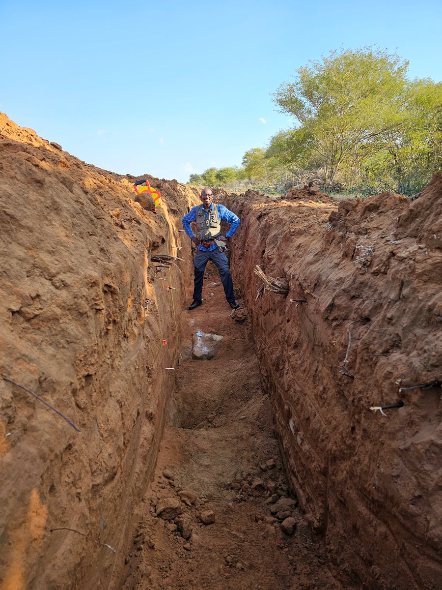 🧵1/3 In Kalahari Desert of Botswana, @LamontEarth structural geologist @fracturedfola and postdoc Zachary Foster-Baril are digging trenches across what might be the youngest segment of East African Rift System, collecting samples to determine the timing of the rift's initiation.