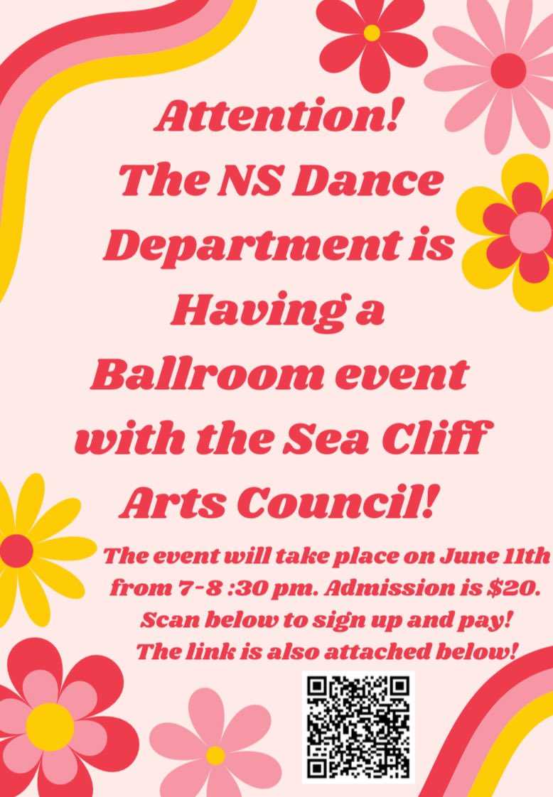 nshoredance's tweet image. The NS Dance Department is having a Ballroom Dance Event with the Sea Cliff Arts council! Come join us on June 11th, 7-8:30 PM in the HS Dance Studio! Link to sign up is below! Must be at least 18+ to attend. seacliffartscouncil.org/classes-and-wo…
@drzublionis @SHELLNORTHSHORE @NSArts1