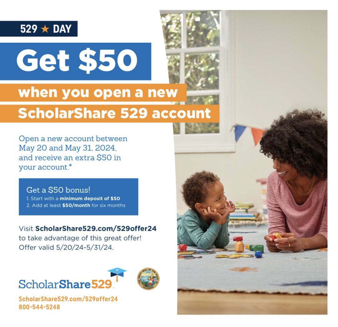 🎓✨ Planning for your child's future? ScholarShare 529's College Savings “Day” is here. From May 20-31, open a new 529 account and get a $50 match — a helpful way to start saving for college. More: scholarshare529.com #529Day #ScholarShare529