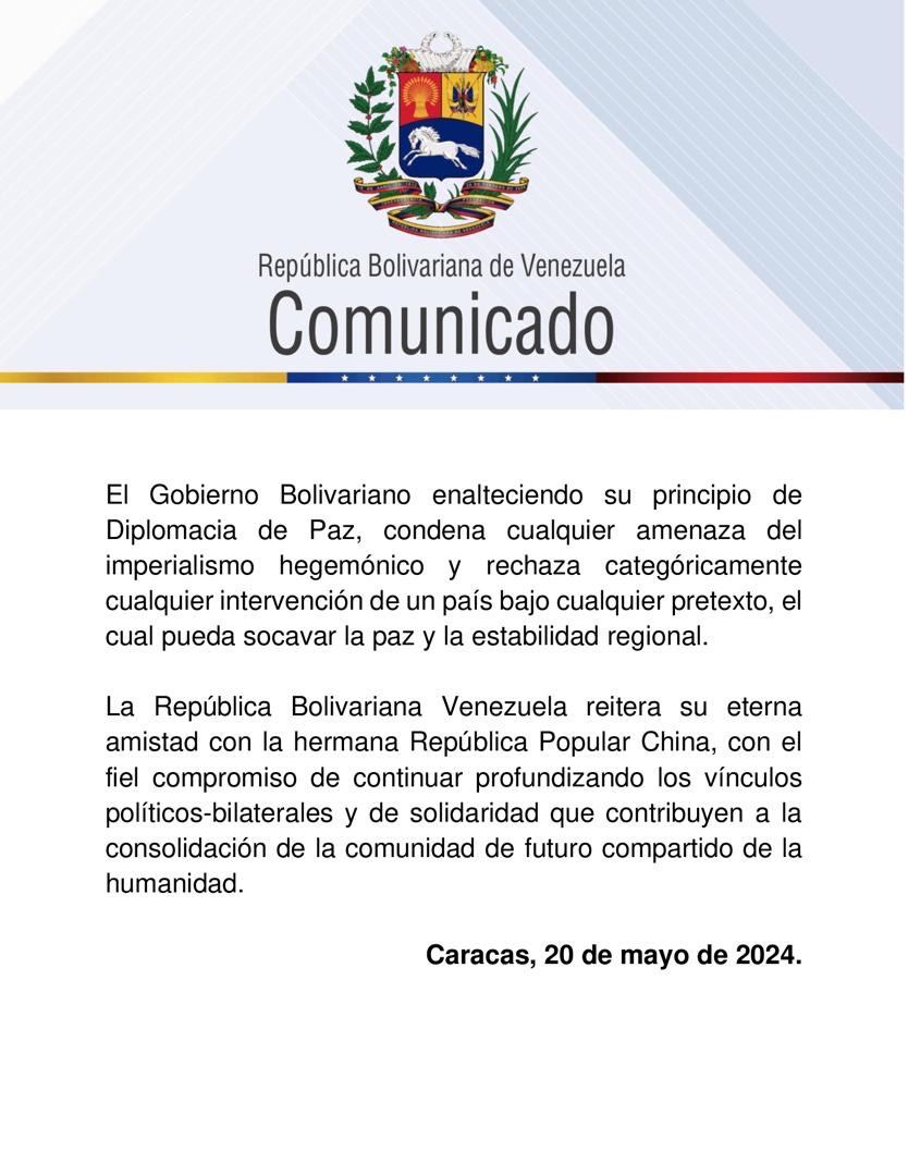 🔴 #ÚLTIMAHORA 🔷Venezuela emite comunicado para reiterar su apego a la política de una sola China. 🔹Gobierno de @NicolasMaduro rechaza la posición secesionista del líder del Partido Democrático Progresista, Lai Ching-te, quien asumió las riendas de Taiwán. 📍 @yvangil