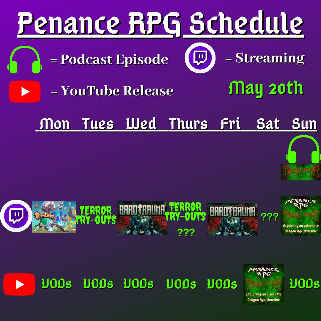 Where to find us this week: Twitch.tv/penancerpg We have #TTRPG streams on #Twitch! They go up on #YouTube before the next stream #Horror & co-op games daily #gaming #podcast #TTRPGs #TwitchAffiliate #HorrorGames #RPG #DnD #HomeBrewRPG #IndieGames #DragonAge #indie