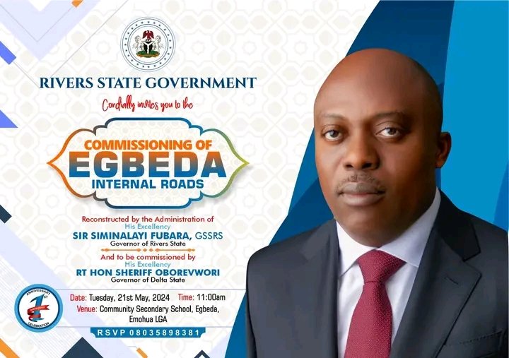 MarvelousNwafor's tweet image. #NEWStable

#5thEvent

RIVERS STATE GOVERNMENT 

Cordially invites the general public

To the
COMMISSIONING OF EGBEDA INTERNAL ROADS

RECONSTRUCTED
By The Administration Of
His Excellency, Sir Siminalayi Fubara, GSSRS
Governor of Rivers State.