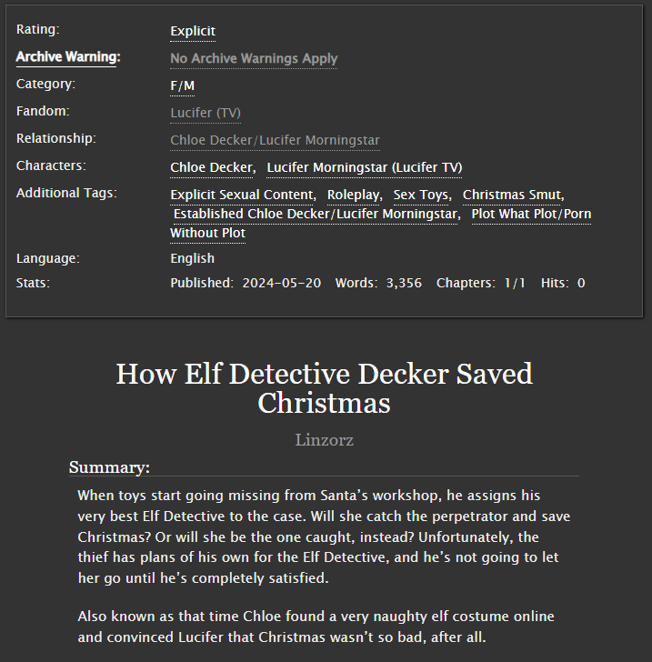 A smutty Christmas-themed one-shot in the middle of May, because why not.

archiveofourown.org/works/56049817