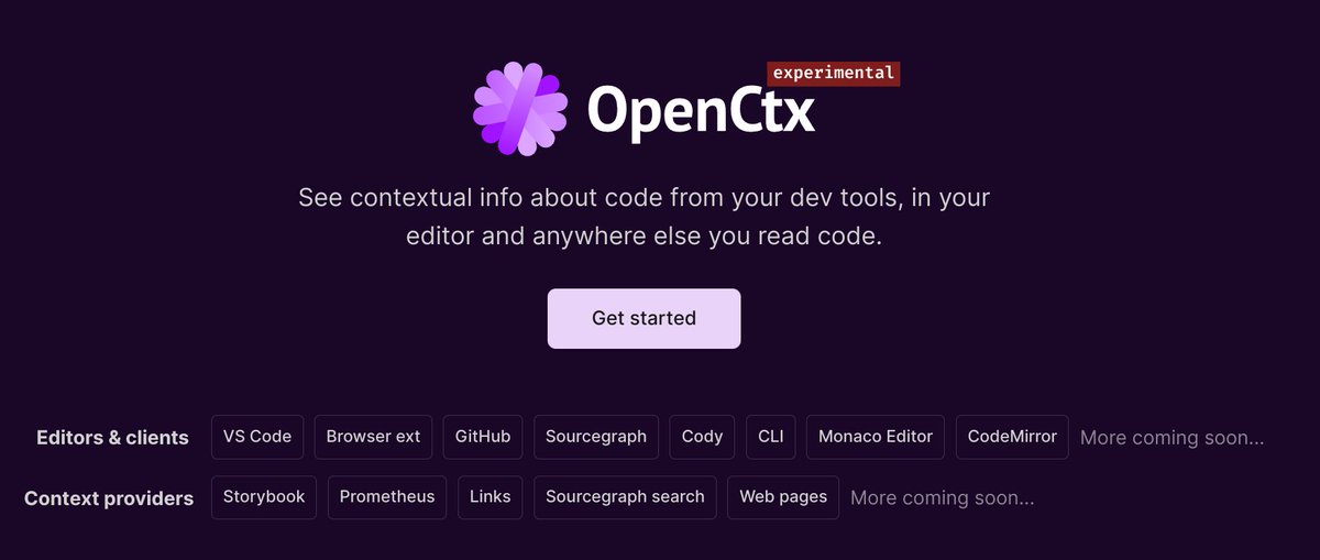 beyang's tweet photo. Cody now has a mechanism for pulling in context from *outside* the codebase!

Introducing OpenCtx, a protocol for providing relevant technical context to humans and AI. This builds on Sourcegraph's foundation as the world's best code search and connects our code graph to entities like issues, designs, technical docs, production logs, how UI components are rendered, and beyond.

As AI advances, we think it's important to have an open specification of how context is provided and integrated. Think of this as an "LSP for technical context" that makes it possible to integrate data from many tools across a diverse set of vendors. It will make it much easier to surface relevant context wherever you need it to accelerate software development—while preserving the freedom to choose the best tool at every point in the software development lifecycle.

If you've ever wished you could jump immediately from a line of code to (a) the production logs that hit that line, (b) a rendering of the UI component implemented by it, (c) the PRs that touched it, (d) the design docs that mentioned it, (e) whatever other discussion or documentation is relevant in some way, then you've dreamed of the future that OpenCtx is seeking to realize.

We currently use OpenCtx in two ways at Sourcegraph: (1) as a experimental context provider for Cody, for context-aware AI code generation and (2) as annotations within source files that tie symbols in the code to the relevant technical context that lies outside of source code. We think (2) is as important as (1), because we believe human developers will remain the heart and soul of the software development process.

We will build *much* more on top of this protocol and look forward to building with our community to integrate many other tools into it, as well!