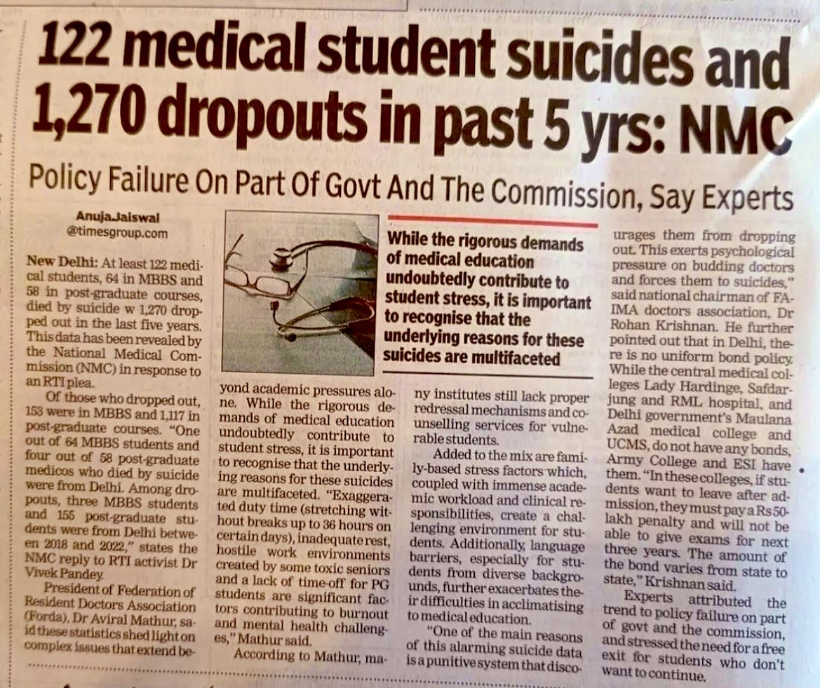 Shocking report :- 122 #medical student #suicides and 1,270 dropouts in past 5 yrs: #NMC