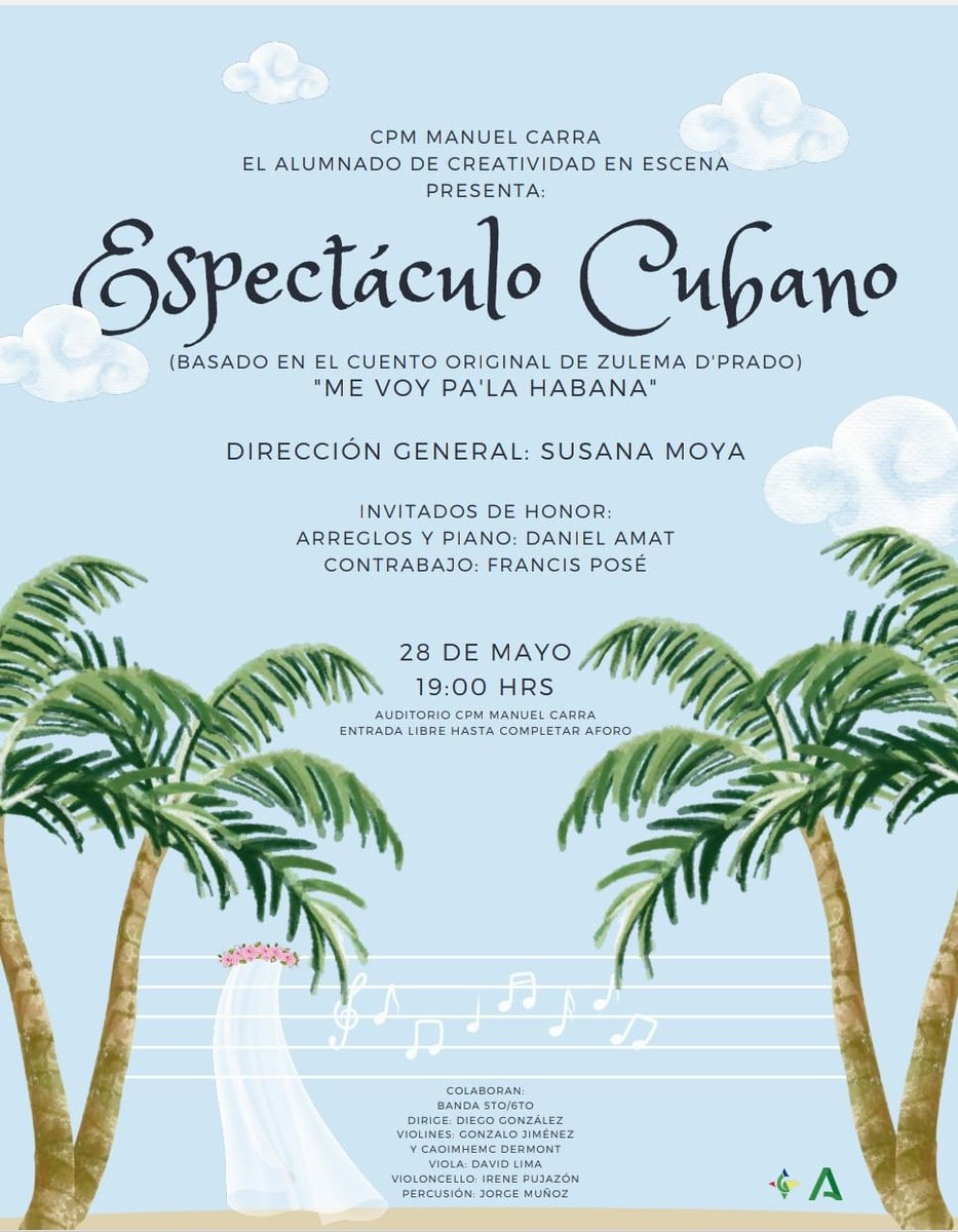 🎭🌟 ¡No te pierdas "Espectáculo cubano"! 🌟🎭
El próximo 28 de mayo a las 19h, el alumnado de Creatividad en Escena presentará una emocionante puesta en escena basada en un cuento original de Zulema D´Prado. 🎶✨ Como de invitados de honor como Daniel Amat y Francis Posé.