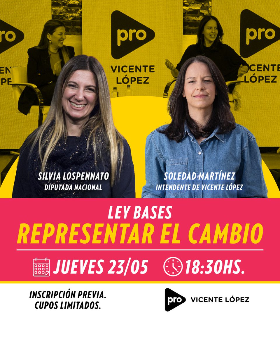 Pro__VL's tweet image. ¡Vuelven los ciclos de charla! El jueves 23 de mayo a las 18:30 @soledadmartinez  recibe a @slospennato con un nuevo encuentro: Ley Bases. Representar el Cambio. 
Reservá tu lugar en el siguiente link bit.ly/4alUO0v
¡Te esperamos!