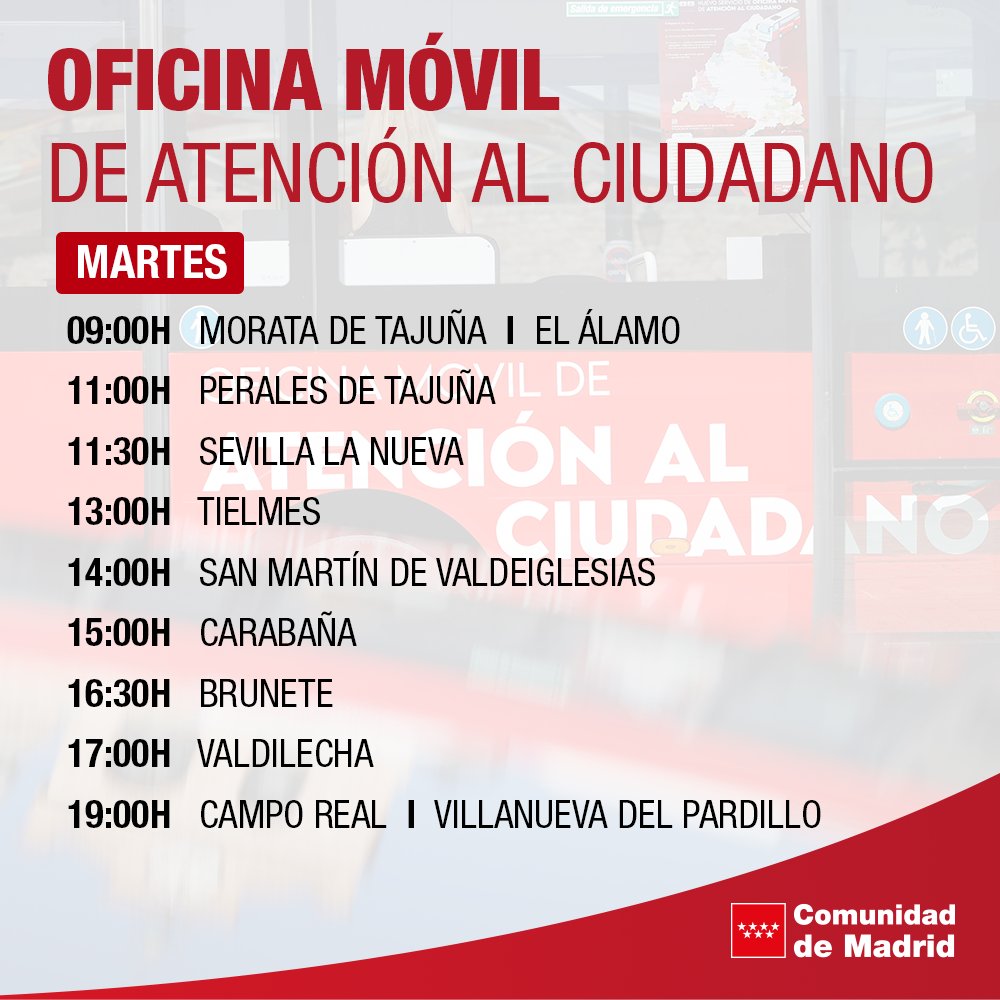 ✅ La oficina móvil de Atención al Ciudadano recorrerá este martes 11 municipios del oeste, sureste y suroeste de la @ComunidadMadrid. 📲 Pide tu cita: c.madrid/cita012 + Info: c.madrid/oficinamovil