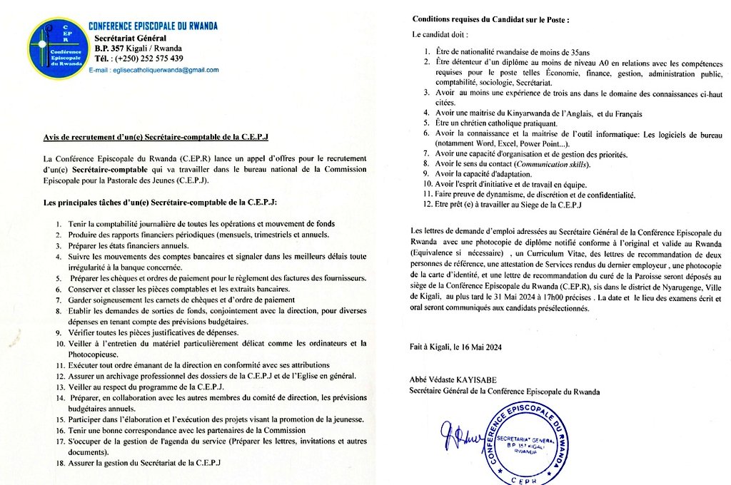 Avis de recrutement au poste de Secrétaire-Comptable à la CEPJ. 

KM 1946 .p.12