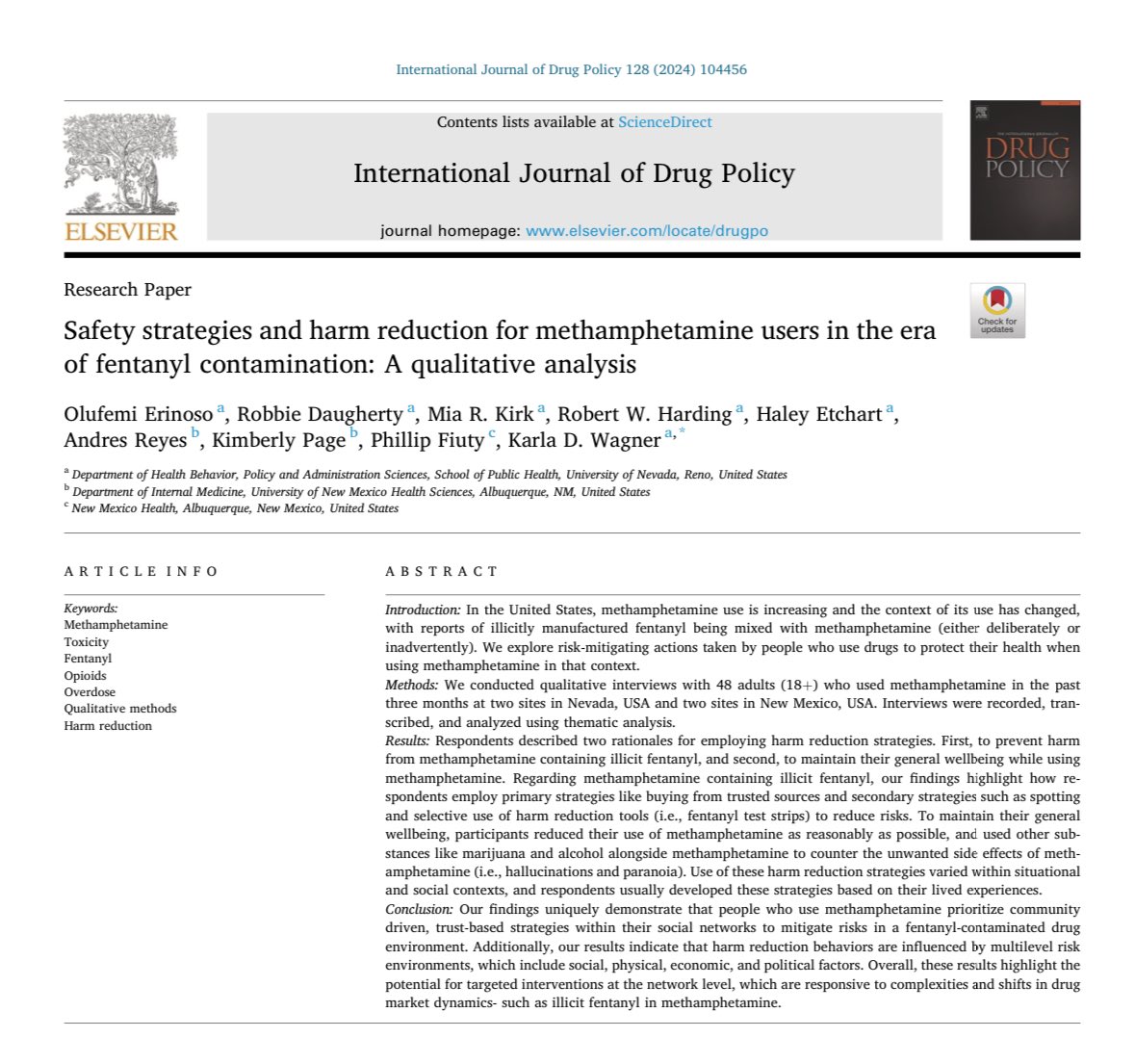 “Safety strategies and harm reduction for methamphetamine users in the era of fentanyl contamination: A qualitative analysis” by Olufemi Erinoso et al (2024) via @ijdrugpolicy…is there a lot of cross contamination in your region? 

Link: sciencedirect.com/science/articl…

#DrugPolicy