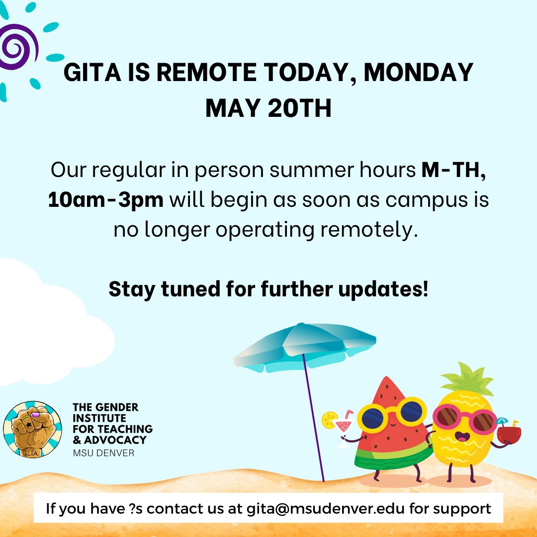 GITA is REMOTE today, Monday May 20th ‼️

Our regular summer hours, Monday-Thursday 10am-3pm will begin as soon as campus is not longer operating remotely. 

Stay tuned for more updates, and reach out to us at gita@msudenver.edu if you have any questions! 💙💜