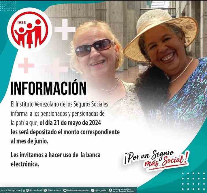🔔#ATENCION

El #IVSS informa que el pago de la pensión correspondiente al mes de junio se realizará este martes 21, así lo confirmo el  #IVSS a través de sus redes sociales.