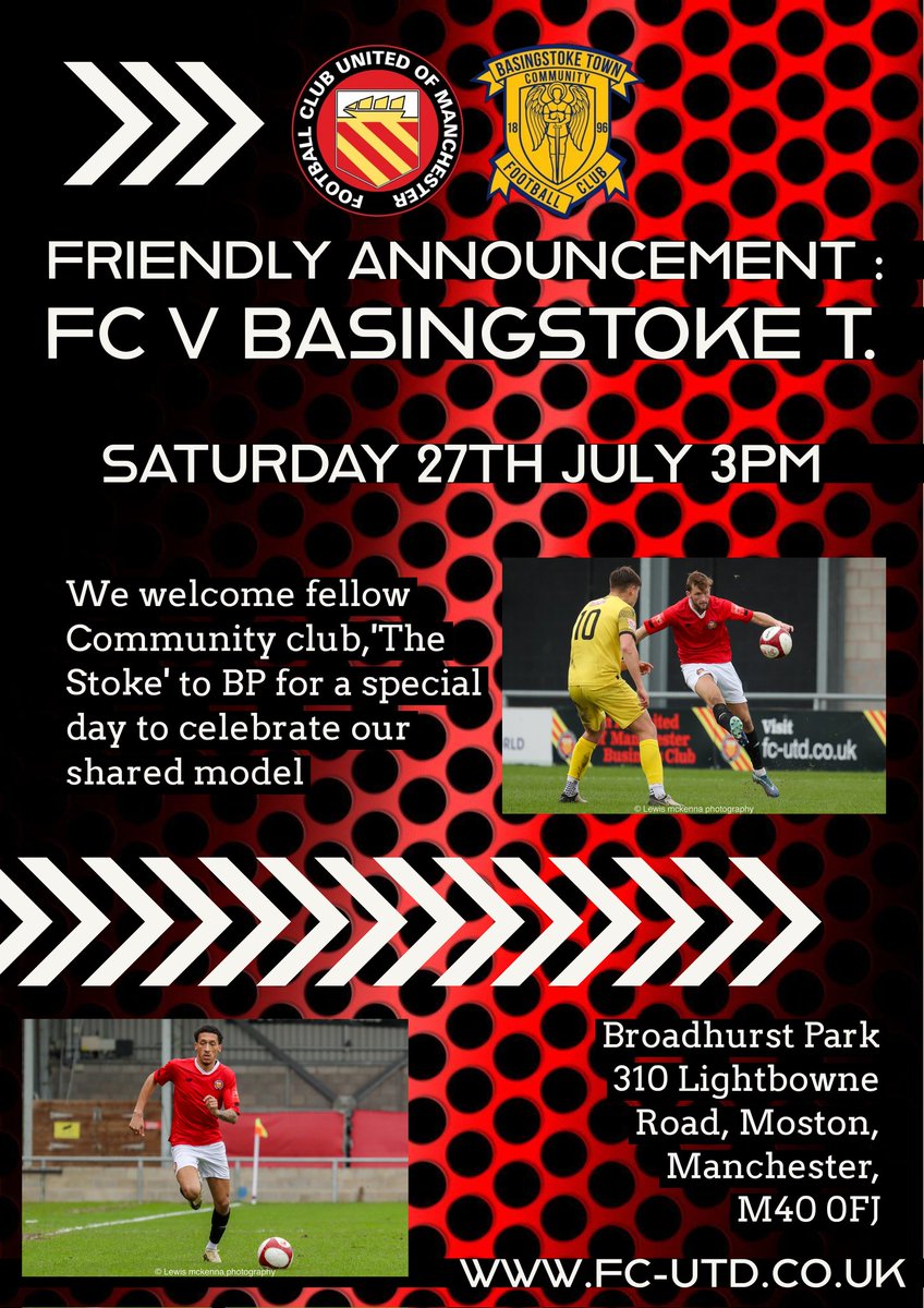 🆕 Friendly game v @Basingstoke_FC We welcome fellow Community club 'The Stoke' to BP for a special day to celebrate fan-owned football 📅 Saturday 27th July 📍 Broadhurst Park 'Pay what you can afford' Season tickets on sale now⤵️ fc-utd.co.uk/news-story/202… 🟥🟥⬜⬛⬜🟥🟥