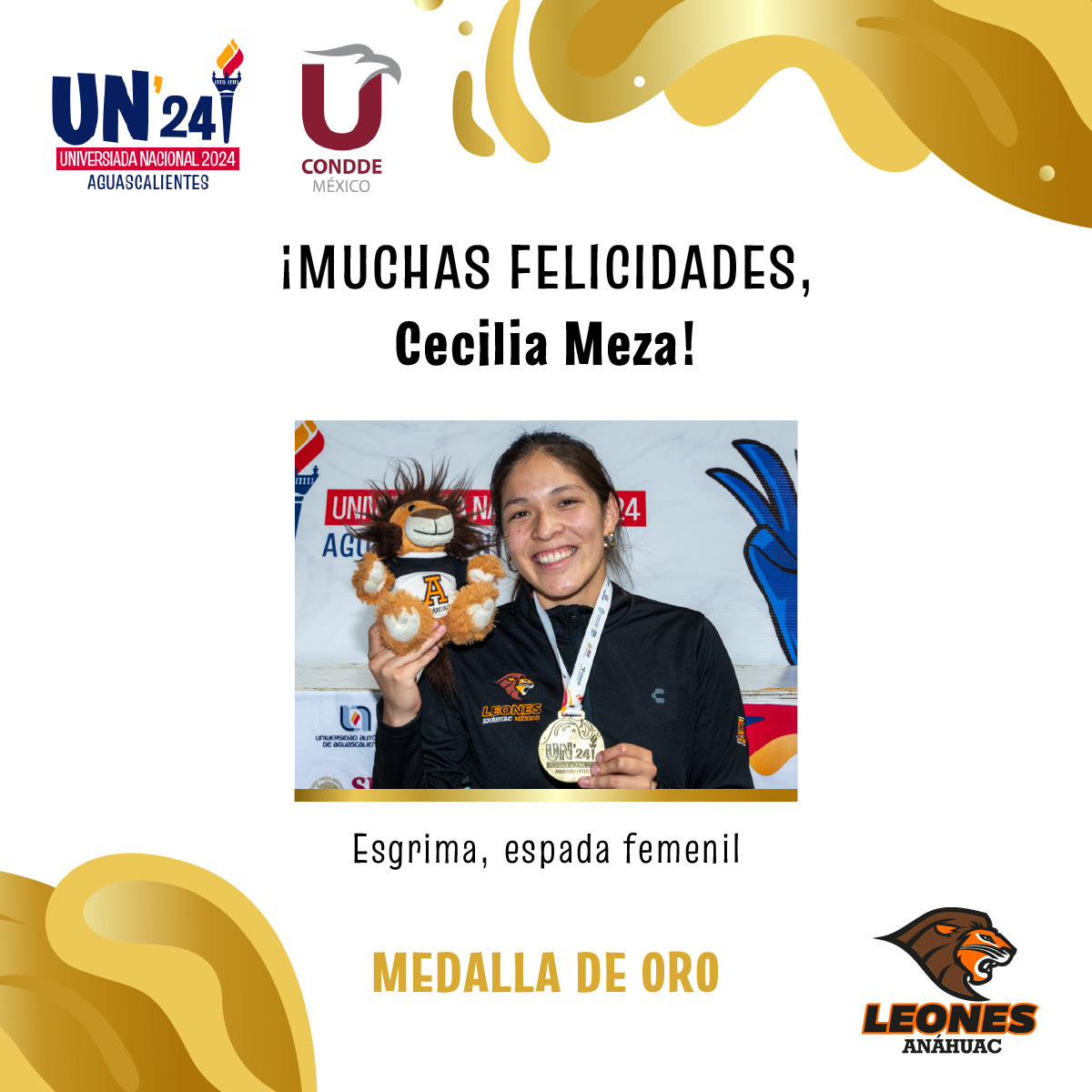 #VamosLeones ¡Felicitamos mucho a Cecilia Meza quien gracias a su esfuerzo, dedicación y disciplina logró llevarse la medalla de oro en Esgrima, espada femenil! 🥇🦁🤺 #UniversiadaNacional2024 @ConddeMx @UniversiadaMX