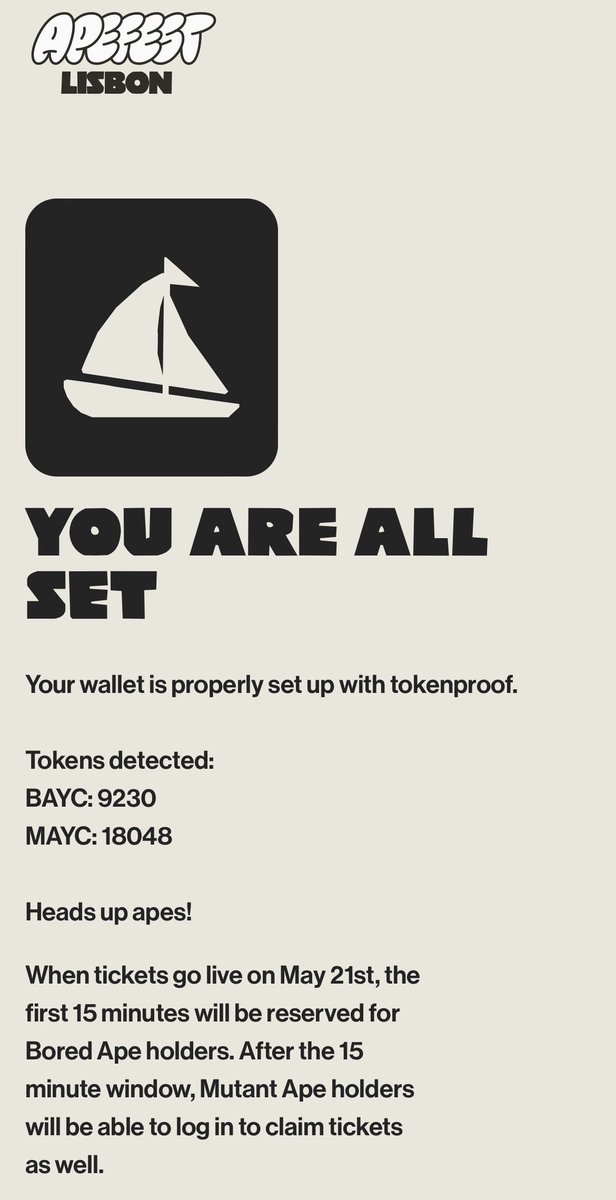 pretzels 🍌🥨🍻 (@0xpretzels) on Twitter photo Great new feature for ApeFest ticket claim! Check to make sure your <a href="/tokenproof/">tokenproof.xyz</a> is set up correctly and apes are detected. Click the “Ticket claim” banner highlighted below to check at <a href="/BoredApeYC/">Bored Ape Yacht Club 🍌</a>. Good luck tomorrow, apes! 🦧⛵️ Great new feature for ApeFest ticket claim! Check to make sure your <a href="/tokenproof/">tokenproof.xyz</a> is set up correctly and apes are detected. Click the “Ticket claim” banner highlighted below to check at <a href="/BoredApeYC/">Bored Ape Yacht Club 🍌</a>. Good luck tomorrow, apes! 🦧⛵️