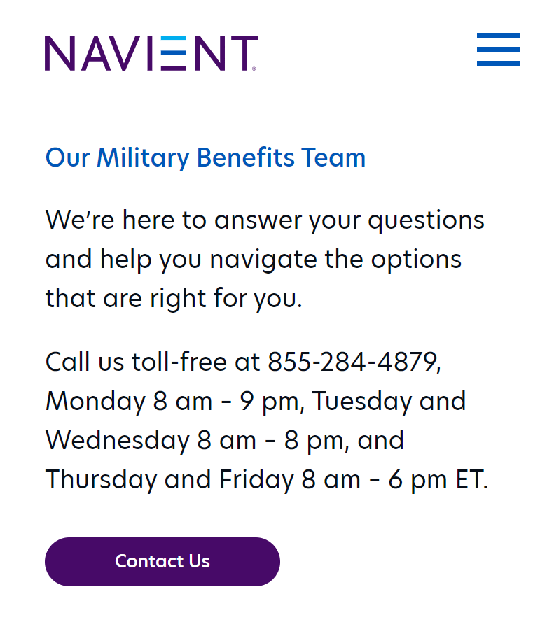 Did you know Navient has a team dedicated to helping servicemembers navigate their options? 

Call the Military Benefits Team at 855-284-4879 or visit navient.com/loan-servicing…. 

#MilitaryAppreciationMonth #MilitaryBenefits