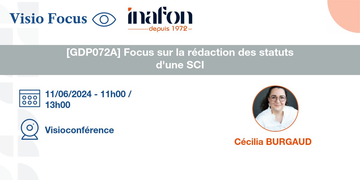 📝 Formez-vous en 2h sur la rédaction des statuts d'une #SCI, avec Me Cécilia BURGAUD !

📅 11 juin 2024
💻 En visioconférence de 11h à 13h

Inscrivez-vous ici 👉 inafon.fr/stages/voir/80…

#Formation #INAFON #Notaires #Droit #Immobilier #GestiondePatrimoine