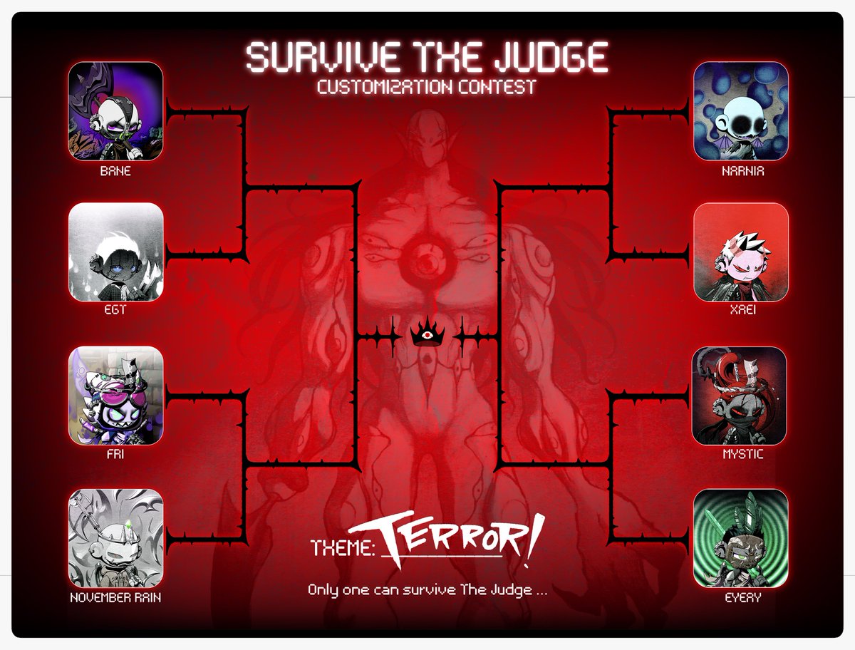 The contestant line-up for the first round has been decided. Congratulations if you made it, and thank you to everyone for participating. It's time to cast your votes for each match-up in our discord🩸👁️ 

#SZNU #survivethejudge