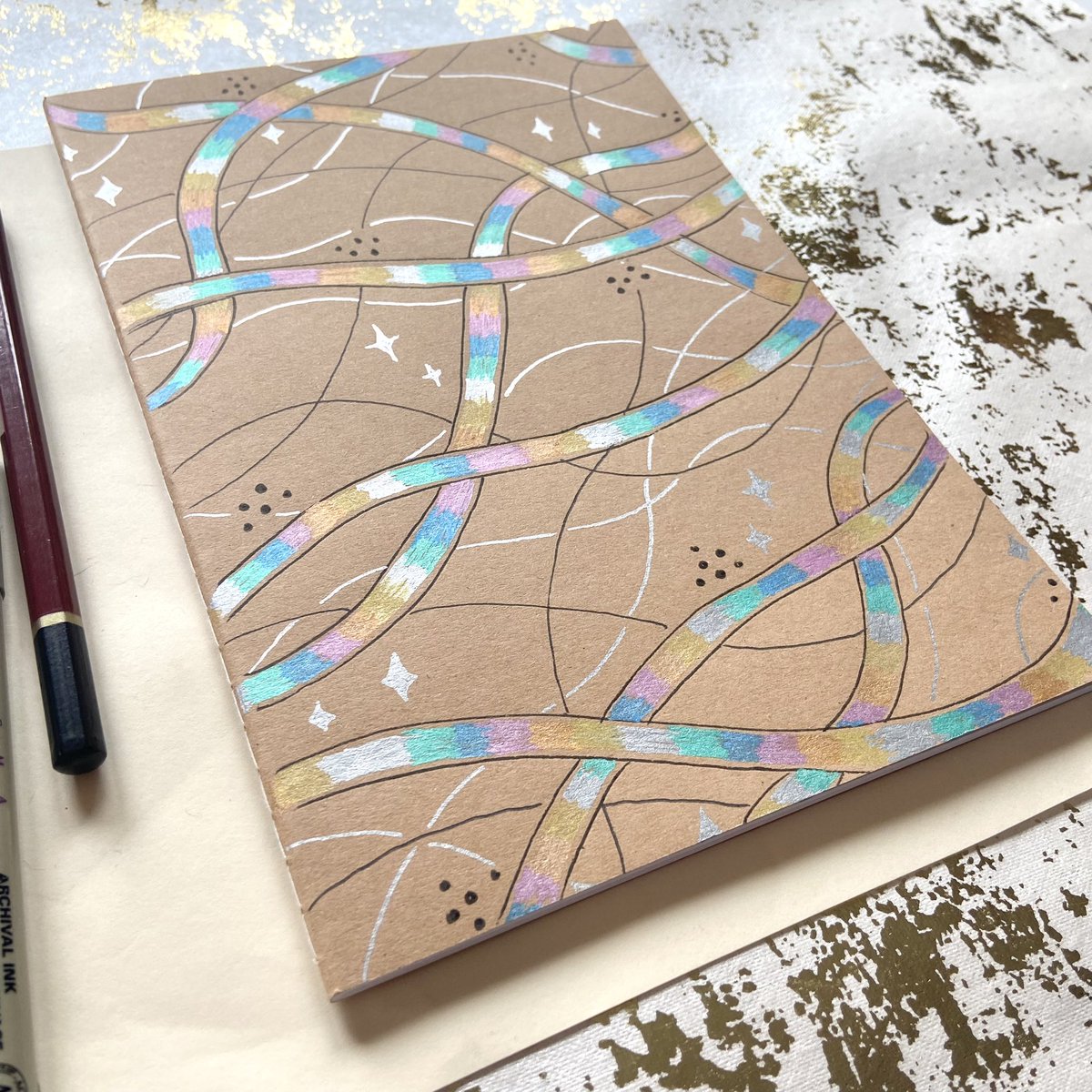 Another new notebook with rainbow ribbons. I hand draw all my notebook designs, usually whilst listening to podcasts, drinking tea, and trying not to worry about the world too much 🫠 etsy.me/2TCi9qM #womaninbizhour #shopindie #mycreativeweek