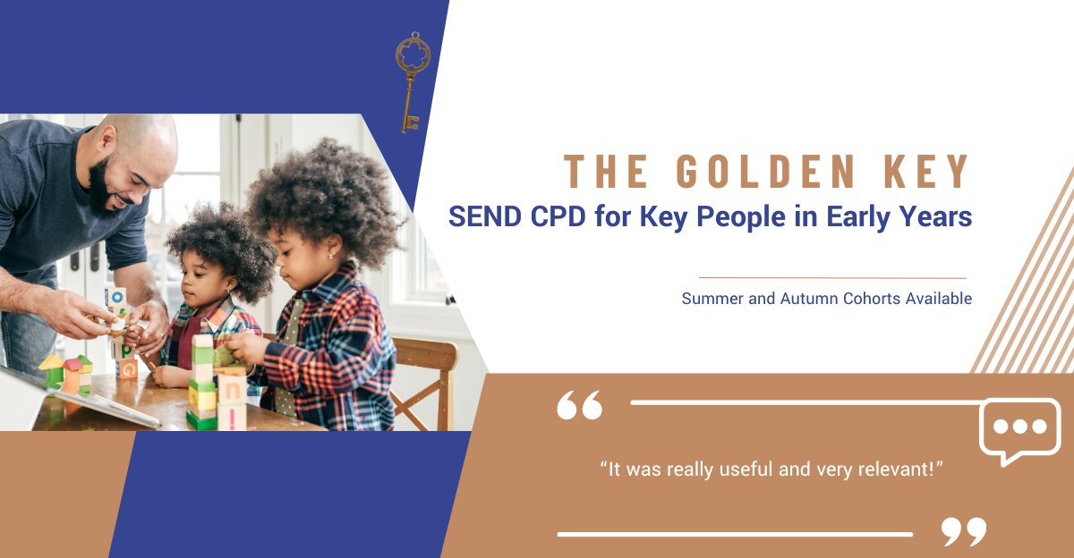 🔑 Unlock the potential of early years education with nasen's Golden Key Programme! Sign up to our next cohort in September for an enriching journey tailored for Early Years Key Workers. Book today: ow.ly/A1Ll50R9OIG #GoldenKey #EarlyYears #CPD