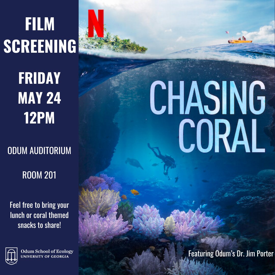 Coral reefs around the world are vanishing. A team of divers, photographers and scientists set out to discover why. Join us for a screening of the documentary Chasing Coral—featuring emeritus professor Jim Porter—this Friday, May 24, at 12 p.m. in the Odum Auditorium.