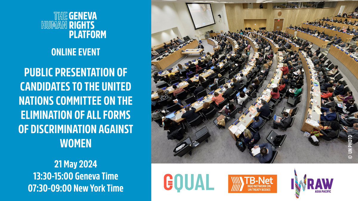 📢 Call for Participation! 🌐 Join an online event organized by the @Geneva_Academy in co-operation with @UNTBNet , @IWRAW_AP and #GQUAL to hear from nominated candidates! 🗓️ *May 21, 2024 🕒13:30-15:00 GMT 🔗 Register: geneva-academy-ch.zoom.us/webinar/regist…