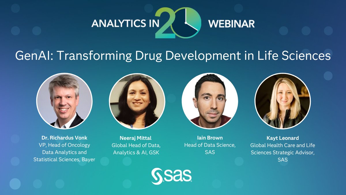 Discover the transformative power of #GenAI in life sciences! Dive into our on-demand webinar featuring industry thought leaders discussing how Gen AI can revolutionize drug development. 🧬 Watch now to explore the potential and accelerate breakthroughs.

2.sas.com/6010dkKHo