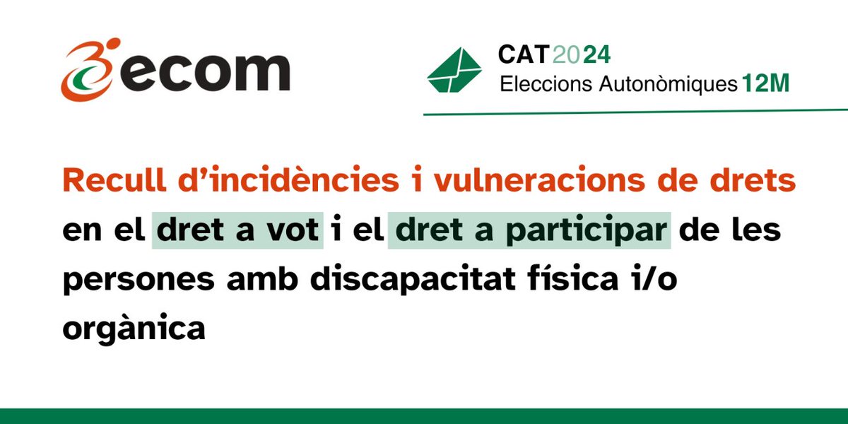 Per millorar l'accessibilitat i la participació en igualtat de condicions en  les eleccions hem de saber què està fallant.

Si tens discapacitat física i/o orgànica i vas patir incidències en les passades #Eleccions12M explica'ns-ho en aquesta enquesta: i.mtr.cool/wzyosviets