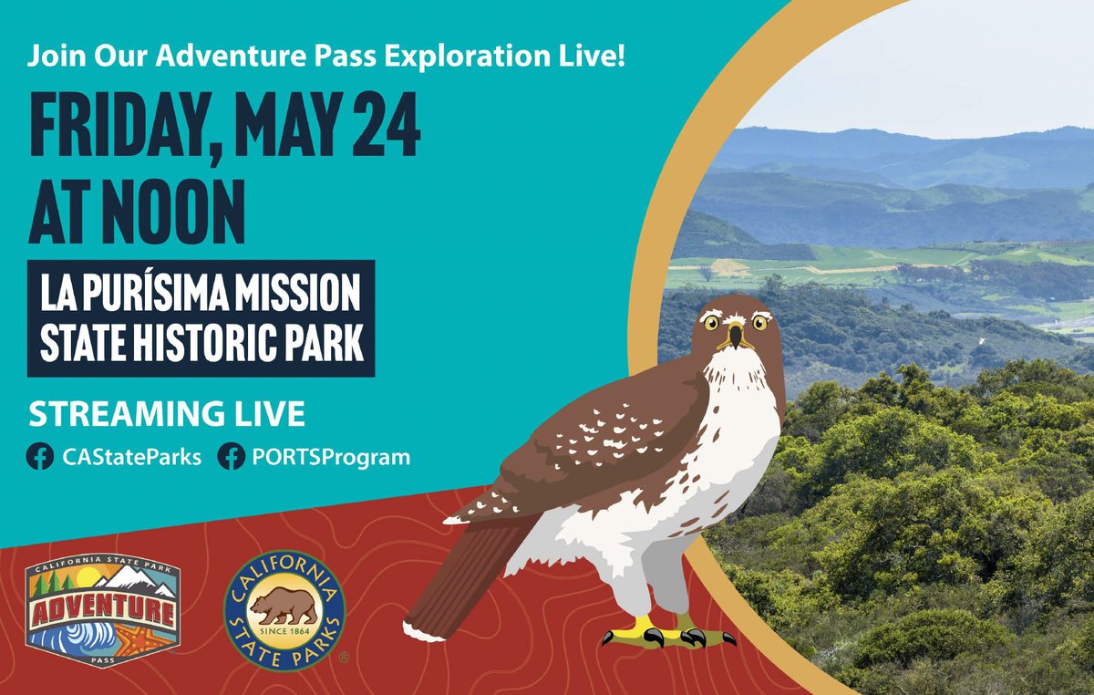 Join us on May 24th at noon for an exciting live stream from La Purisima Mission State Historic Park. Learn how California fourth graders can get FREE entry to 54 state parks. Don't miss out! Get your FREE pass at parks.ca.gov/adventurepass.