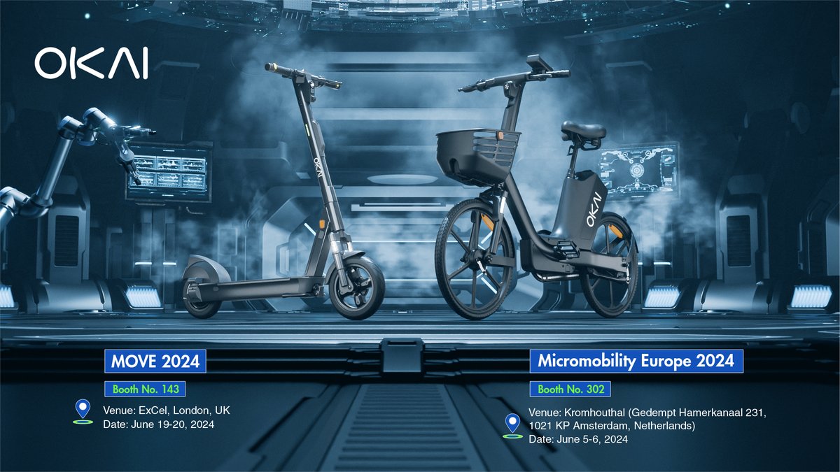 okai_co's tweet photo. OKAI will be attending Micromobility Europe 2024 and MOVE 2024!
June 5-6 in Amsterdam, Booth No. 302
June 19th to 20th in London, Booth No. 143. 

We'll be showing new products and offering test rides, so if you're in the area stop on by!

#ebikes #escooters #micromobilityeurope https://t.co/BClP3lXyOw