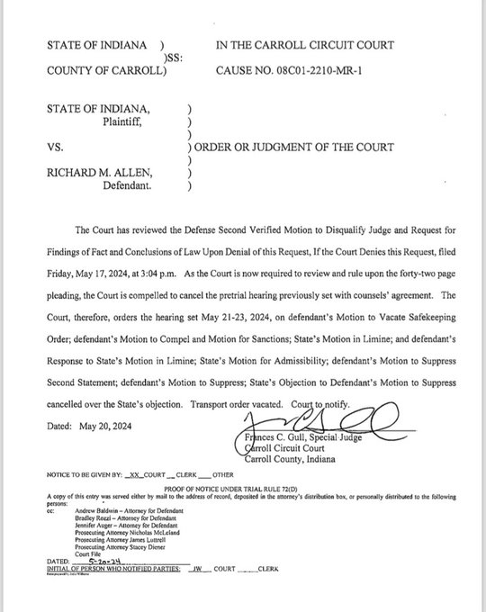 #Delphi 3-day pretrial hearing set to begin tomorrow is cancelled as judge is reviewing the defense's Second Motion to Disqualify Judge. Judge says it's a 42 page document. Defendant is scheduled to go on trial in October.