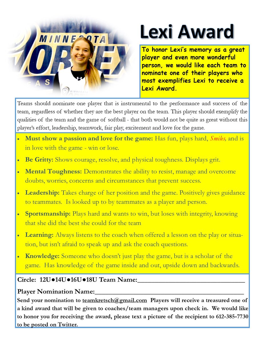 We are less than 30 days away from the first pitch at the 2024 Lexi Kretsch Summer Showdown!  Each team is asked to nominate one player who most exemplifies Lexi’s characteristics. Nominated players are recognized with a one-of-a-kind Lexi Award.  Please see the criteria below.