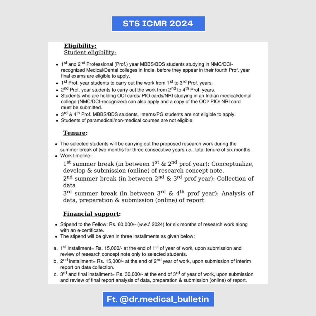 ShankulDwivedi's tweet photo. #STS-ICMR 2024

Major changes in ICMR-STS

1. 3rd &amp; 4th Prof students are not eligible to apply
2. Stipend amount increased to ₹60,000/- (previously 50k)
3. Timeline of project increased to 6 months (previously 2 months)
4. Application Deadline: 30th June

@ICMRDELHI #Medtwitter https://t.co/XVZAT2aJAz