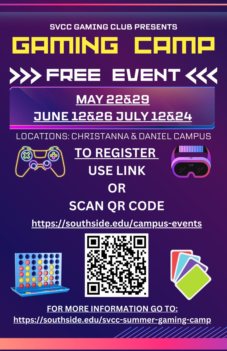 On May 22nd & 29th, the SVCC Gaming Club will be holding a Summer Gaming Camp event that is free to the public. Ages 16 and up are welcome! For more information, visit southside.edu/svcc-summer-ga… or email gamingclub@southside.edu.