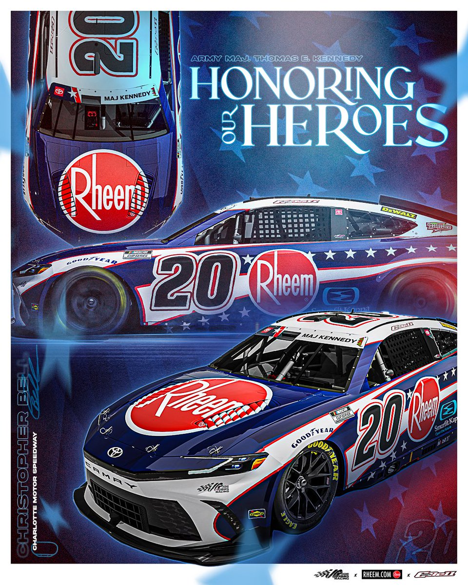 🇺🇸Memorial Weekend - Coke 600
 
Rheem is honored to pay tribute to Fallen Hero Army MAJ Thomas 'TK' Kennedy this weekend at Charlotte Motor Speedway 

Green Flag Sunday May 26th, 2024 6pm EST  

@CBellRacing | @JoeGibbsRacing | @rheem | @ToyotaRacing | @NASCAR | @CLTMotorSpdwy