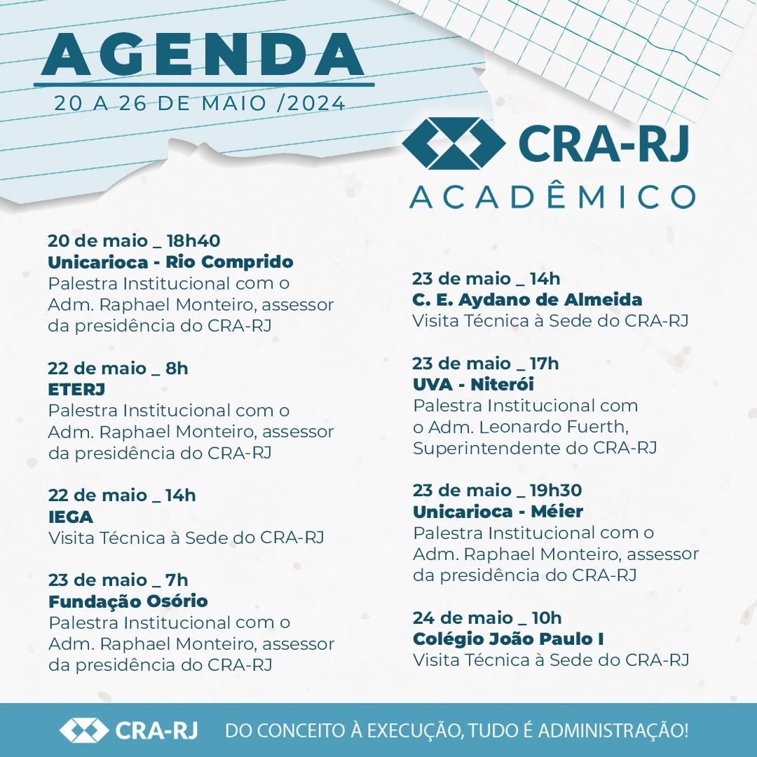 🗓️Confira a Agenda Acadêmica desta semana! #crarjemação #agendaacadêmica #palestras #universidade #estudantes #crarj #adm