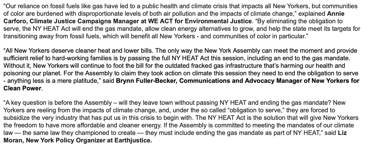 Some environmentalists say ending the obligation to serve for gas is the top priority and has to be included in any NY HEAT compromise... Key Assembly Democrats do not seem comfortable with this idea, so it's difficult to see a compromise this session.