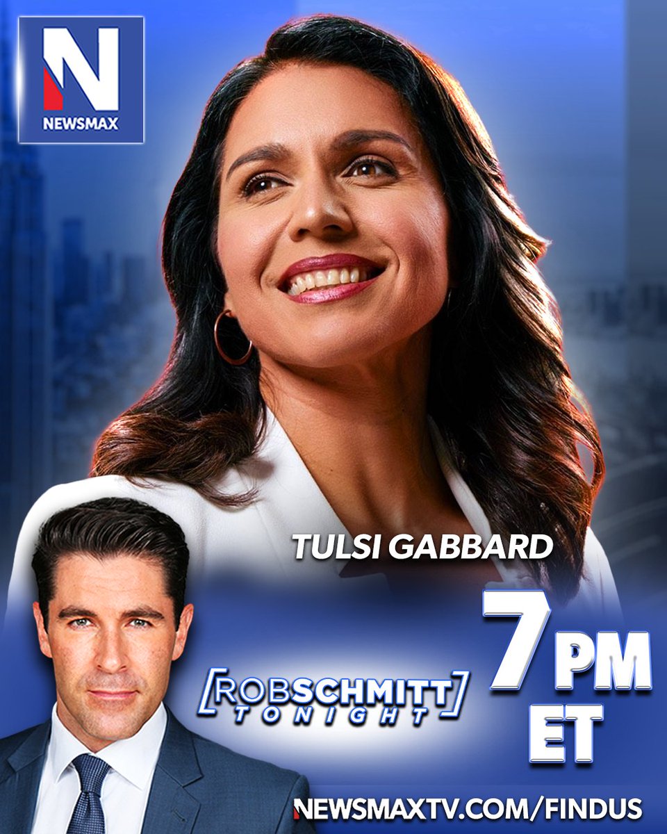 TONIGHT: Tulsi Gabbard joins 'Rob Schmitt Tonight' to discuss leaving the Democrat party behind, volatile foreign policy predicaments under Biden and more — 7PM ET on NEWSMAX. WATCH: newsmaxtv.com/findus @TulsiGabbard