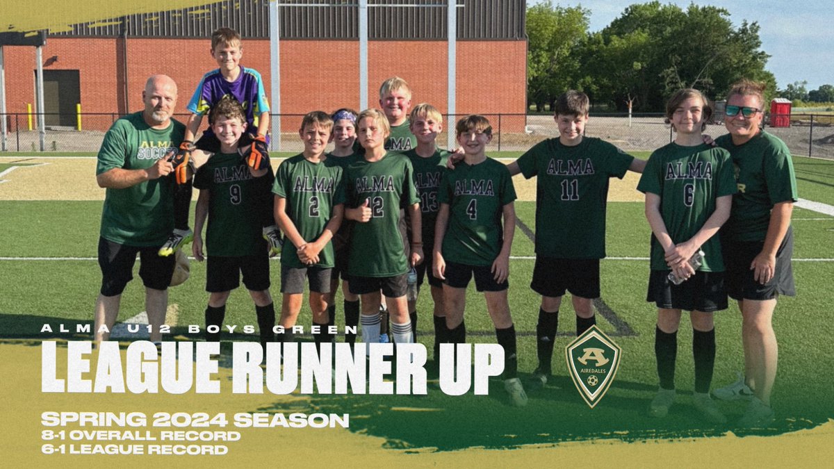 AlmaSoccerClub's tweet photo. Our Alma U12 Boys Green Team finished their Spring 2024 Season as league runner up and with an overall record of 8-1 and a league record of 6-1! Congratulations boys!
#futureairedales

@AiredaleSoccer @Alma_Athletics @AlmaSchools https://t.co/u4eiFYh8aJ