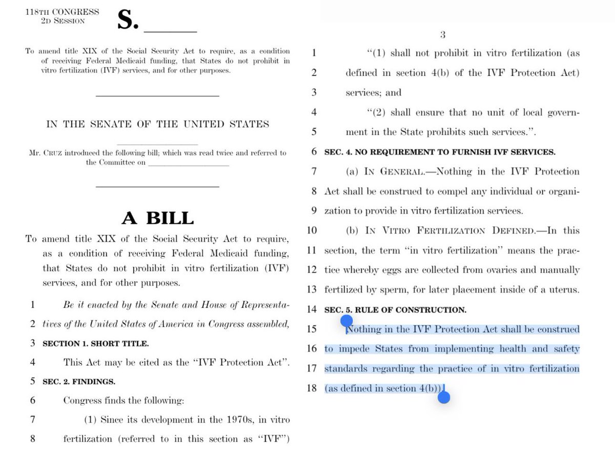 Ted Cruz and Katie Britt just released a new bill they claim is to “protect IVF.” Here’s the catches: 1) it does *nothing* to protect IVF from courts enforcing “personhood” laws (see Alabama ruling) 2) it explicitly allows states to push “health and safety standards” for IVF