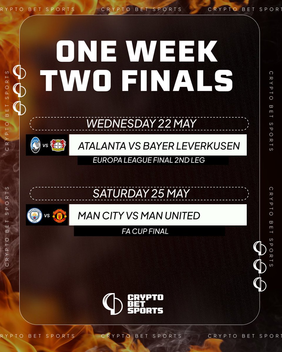 Mid Week is Atalanta vs Leverkusen. Followed by a fiery Manchester Derby for the weekend! 😎 Who are you cheering for? cryptobetsport.com #FaCupFinal #europaleaguefinal