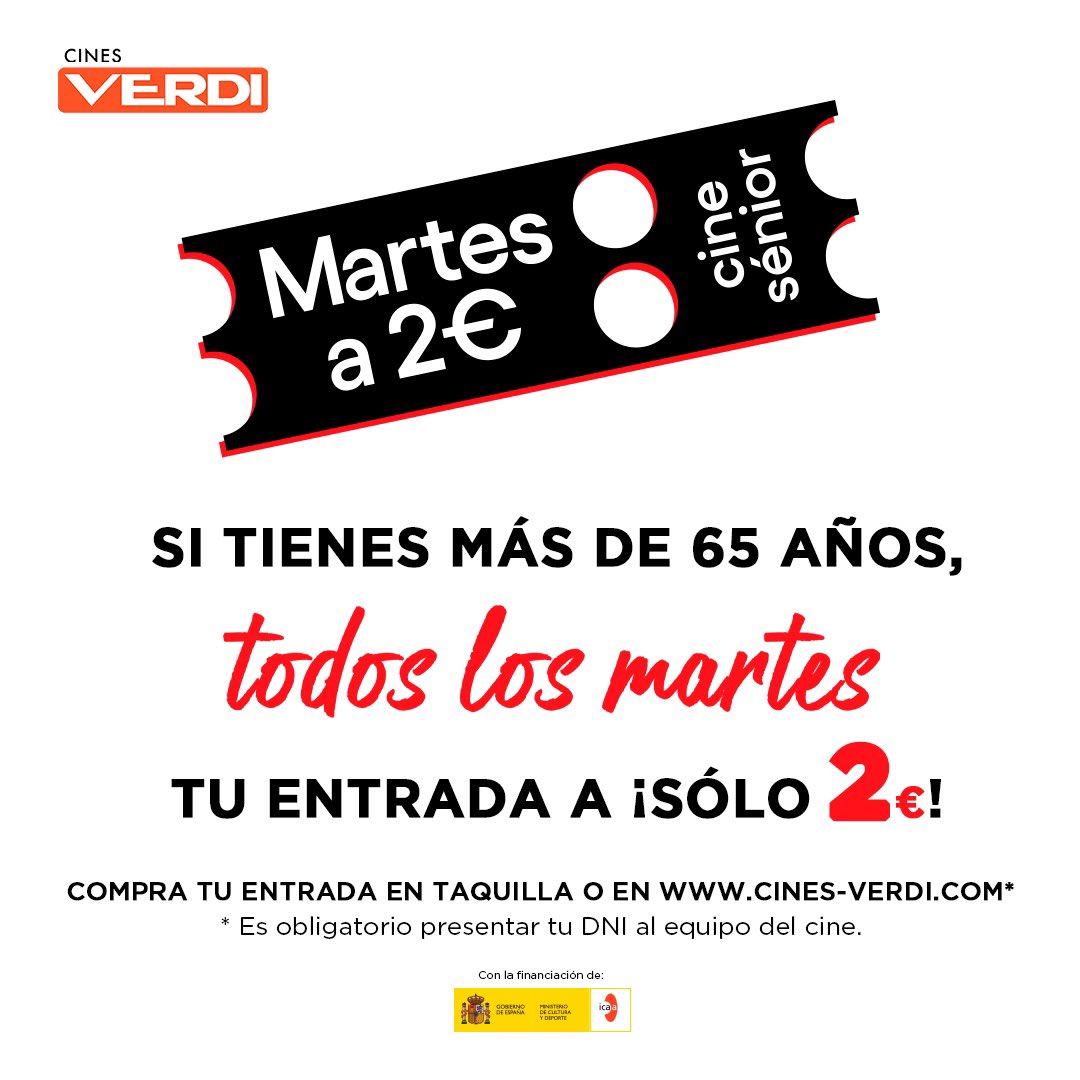 Mañana promo CINE SÉNIOR. Para todos los cinéfil@s mayores de 65 años, todos los martes, entrada a sólo 2€ (obligatoriedad de presentar DNI para validar el descuento). Y ahora también para compras online. Entradas ya disponibles en web y taquilla.