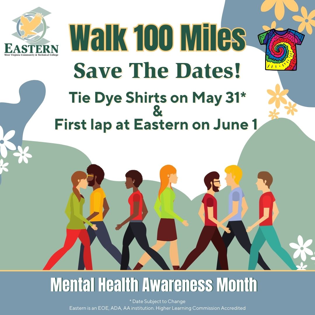 Save the dates for the next Walk 100 Miles event at #EasternWV! On May 31 (subject to change) come and tie-dye shirts and then on June 1, take the first lap around Eastern to kick off your 10 weeks of healthy living!
#DiscoverEWV #walking #tiedye #mentalhealth